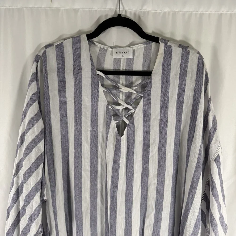 Emelia Blouse Women's Large Blue White Striped Lightweight Flowy V-Neck